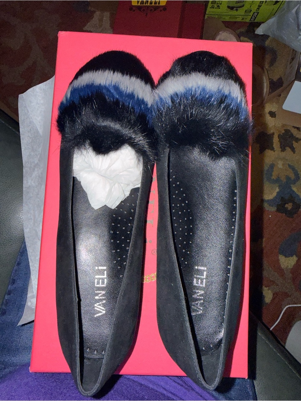 Vaneli Black Slip-On Flats with Blue and White Faux Fur